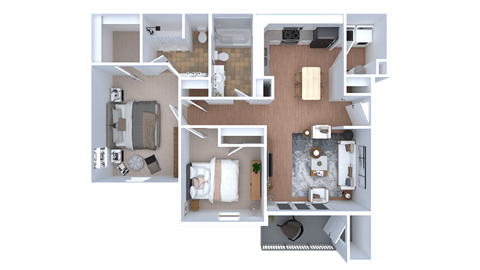 Floor plan for 2 beds, 2 baths, 955 sqft